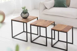 3er Set Beistelltisch ELEMENTS 40cm braun Sheesham Massivholz stone finish Metall