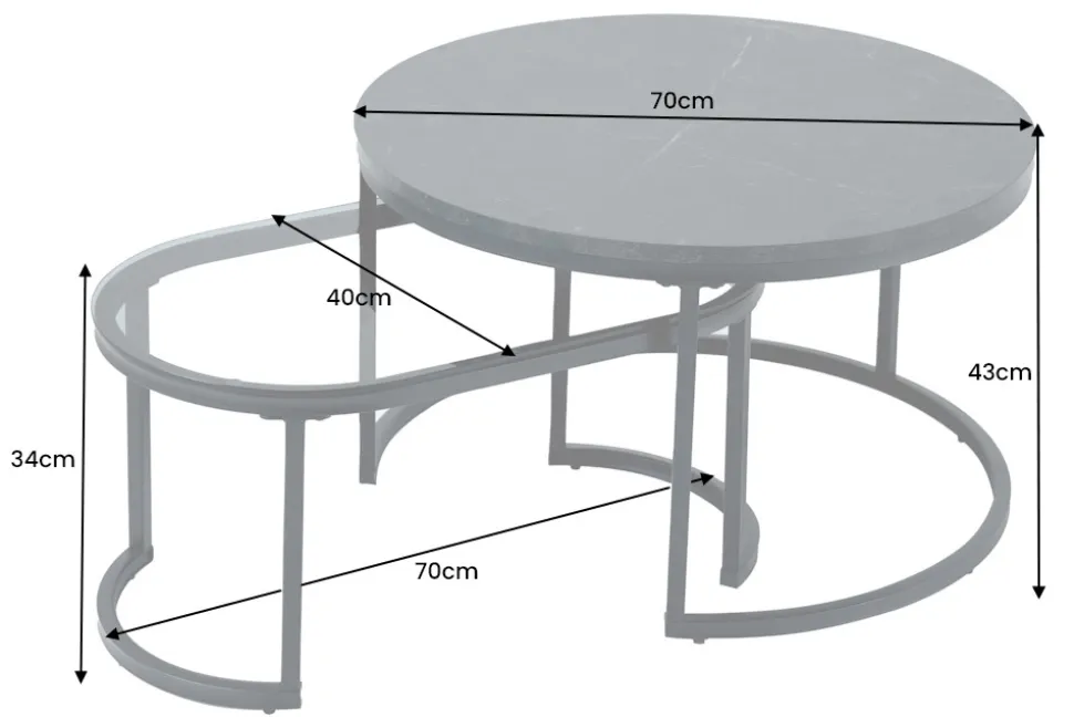 2er Set Couchtisch ELEGANCE 70cm graphit Marmor-Design Glas Metall rund oval