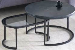 2er Set Couchtisch ELEGANCE 70cm graphit Marmor-Design Glas Metall rund oval