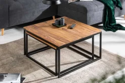 2er Set Couchtisch ELEMENTS 65cm braun Sheesham Massivholz stone finish Eisen schwarz
