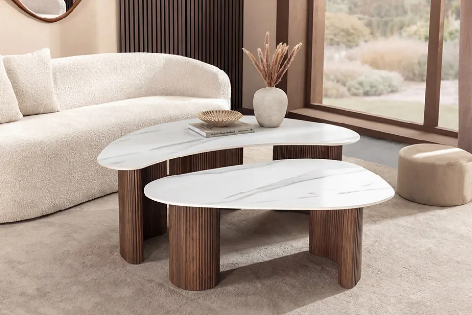 2er Set Couchtische OSAKA 120cm weiß Marmor Keramik Walnuss