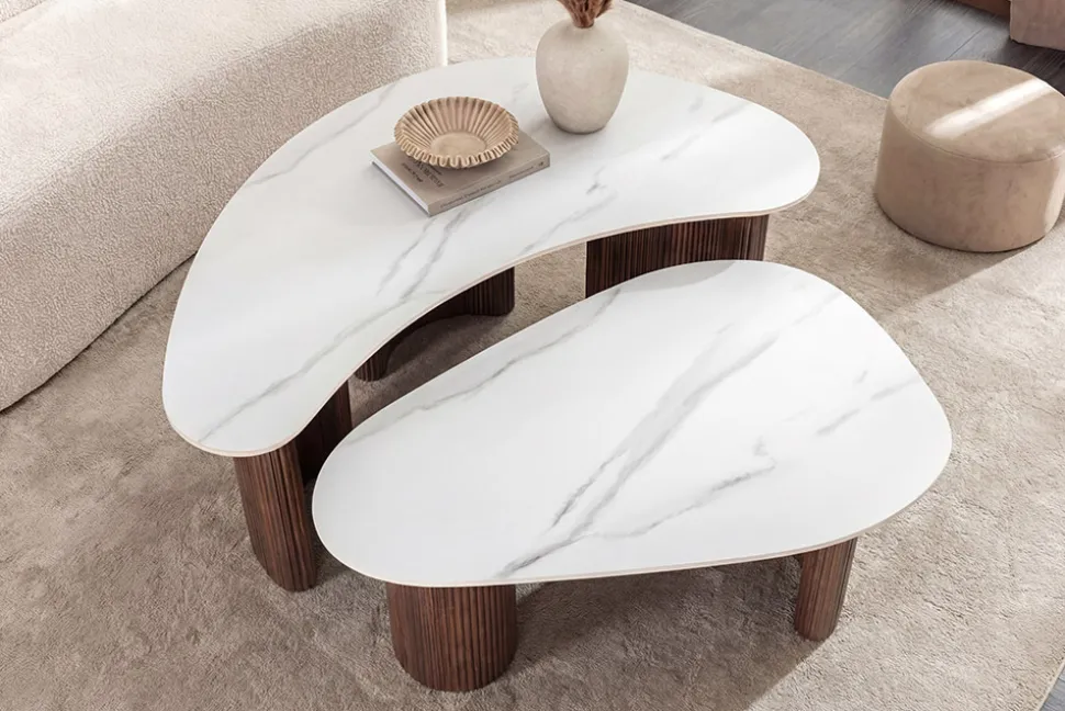 2er Set Couchtische OSAKA 120cm weiß Marmor Keramik Walnuss