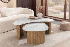 2er Set Couchtische OSAKA 120cm weiß Marmor Keramik natur Eiche