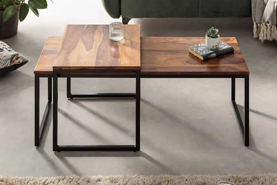 2er Set Design Couchtisch ELEMENTS 100cm Sheesham Massivholz stone finish Metallgestell