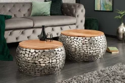 2er Set Runde Couchtische STONE MOSAIC 65cm silber Mangoholz Metall handmade Mosaik Design