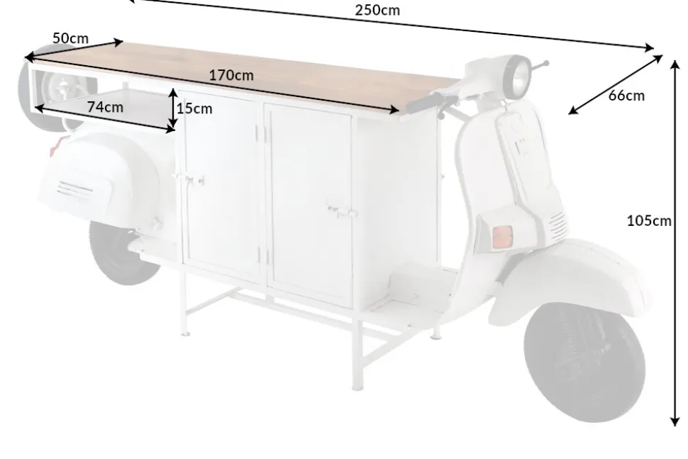 Extravaganter Barschrank SCOOTER 250cm weiß Retro-Konsole Motorroller mit Mangoholz Upcycling