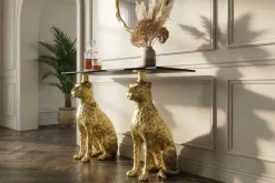 Freistehender Konsolentisch PANTHER 115cm gold Metall mit Marmor-Platte handmade