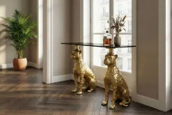 Freistehender Konsolentisch PANTHER 115cm gold Metall mit Marmor-Platte handmade