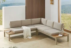 Große Garten Sitzgruppe MIAMI LOUNGE 240cm champagner greige Aluminium wetterfest Outdoor inkl. Kissen