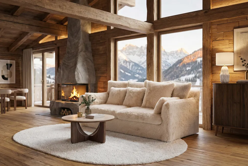 Großes 3-Sitzer Sofa YETI 200cm beige sand langfloriger Plüsch Shaggy-Stoff