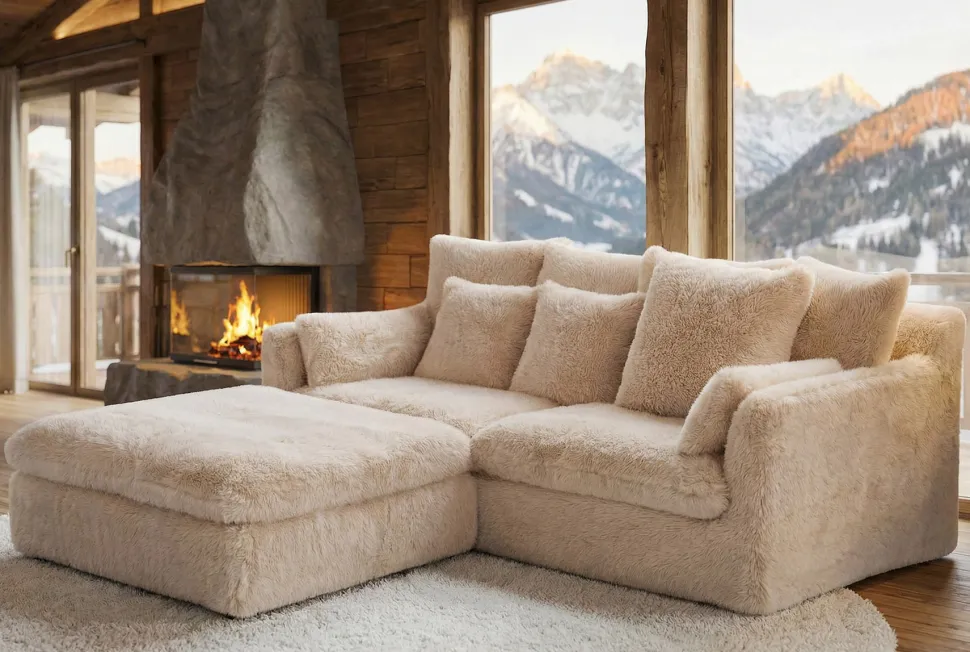 Großes 3-Sitzer Sofa YETI 200cm beige sand langfloriger Plüsch Shaggy-Stoff