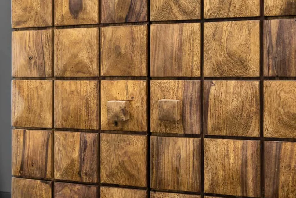 Handgearbeiteter Barschrank MOSAICO 130cm braun Sheeshamholz stone finish 3D Effekt
