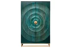 Handgearbeiteter Barschrank GOLDEN SUNSET 140cm türkis Mangoholz massiv