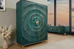 Handgearbeiteter Barschrank GOLDEN SUNSET 140cm türkis Mangoholz massiv