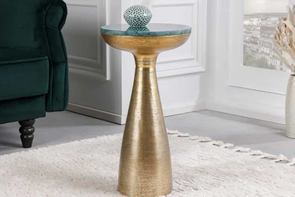 Handgearbeiteter Beistelltisch ELEMENTS 55cm gold grün Marmor rund