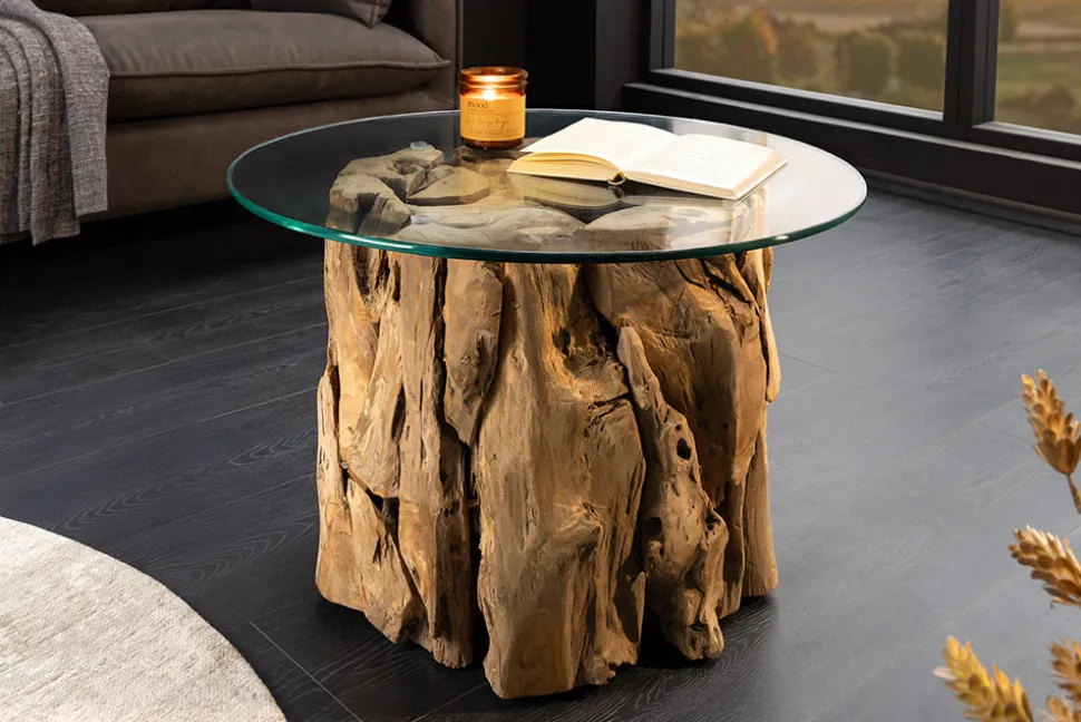 Handgearbeiteter Couchtisch RIVERSIDE 60cm Teakholz runde Glasplatte Massivholz