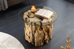 Handgearbeiteter Couchtisch RIVERSIDE 60cm Teakholz runde Glasplatte Massivholz