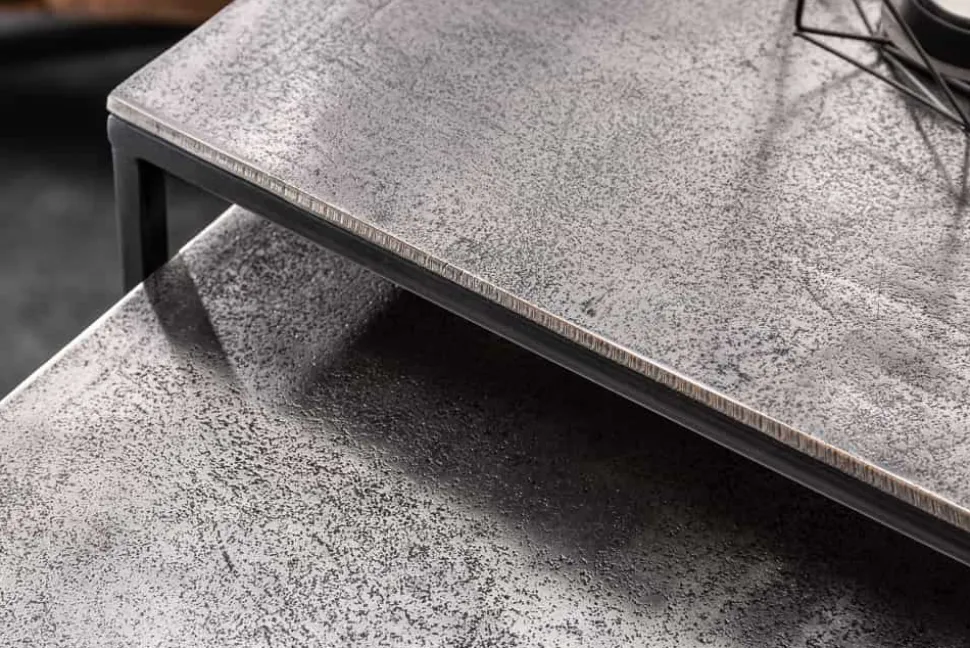 Handgearbeitetes Beistelltisch 2er Set ELEMENTS 40cm silber schwarz Couchtisch