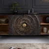 Handgearbeitetes Sideboard GOLDEN SUNSET 180cm schwarz mit 3D Schnitzereien gold Mangoholz Metallbeine