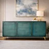 Handgearbeitetes Sideboard GOLDEN SUNSET 140cm türkis mit 3D Schnitzereien gold Mangoholz Metallbeine