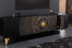 Handgearbeitetes TV-Lowboard GOLDEN SUNSET 180cm schwarz mit 3D Schnitzereien gold Mangoholz massiv Metallfüße