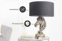 Handgearbeitete Tischlampe CABALLO 60cm silber schwarz Metall Baumwolle Pferde-Skulptur