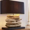 Handgearbeitete Treibholz Lampe RIVERINE 55cm schwarz Leinenschirm Tischleuchte
