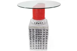 Handgefertigter Bistrotisch LIPSTICK 75cm rot silber runde Tischplatte Glas