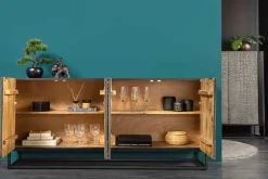 Handgefertigtes Sideboard CROCO 180cm grau schwarz Mangoholz mit 3D Schnitzereien massiv Metall