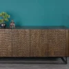 Handgefertigtes Sideboard CROCO 180cm gold braun Mangoholz mit 3D Schnitzereien massiv schwarz Metall