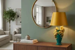 Handgefertigte Tischlampe CHAMELEON 55cm grün gold Skulptur gelber Stoffschirm