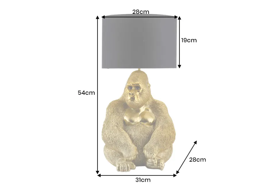 Handgefertigte Tischlampe KING APE 55cm gold schwarzer Stoffschirm Gorilla-Skulptur