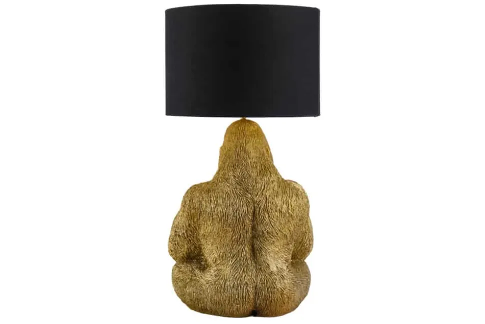 Handgefertigte Tischlampe KING APE 55cm gold schwarzer Stoffschirm Gorilla-Skulptur