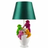 Handgefertigte Tischlampe MONKEY 60cm weiß bunt grüner Stoffschirm Affen-Skulpturen