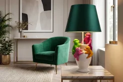 Handgefertigte Tischlampe MONKEY 60cm weiß bunt grüner Stoffschirm Affen-Skulpturen