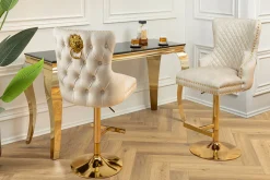 Höhenverstellbarer Barhocker CASTLE DELUXE beige Samt gold Edelstahl mit Löwenkopf