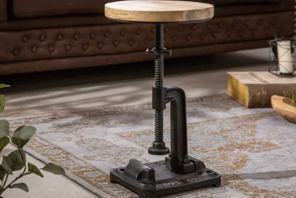Höhenverstellbarer Beistelltisch ENGINEER 30cm Mangoholz Industrial Design massiv rund Eisen
