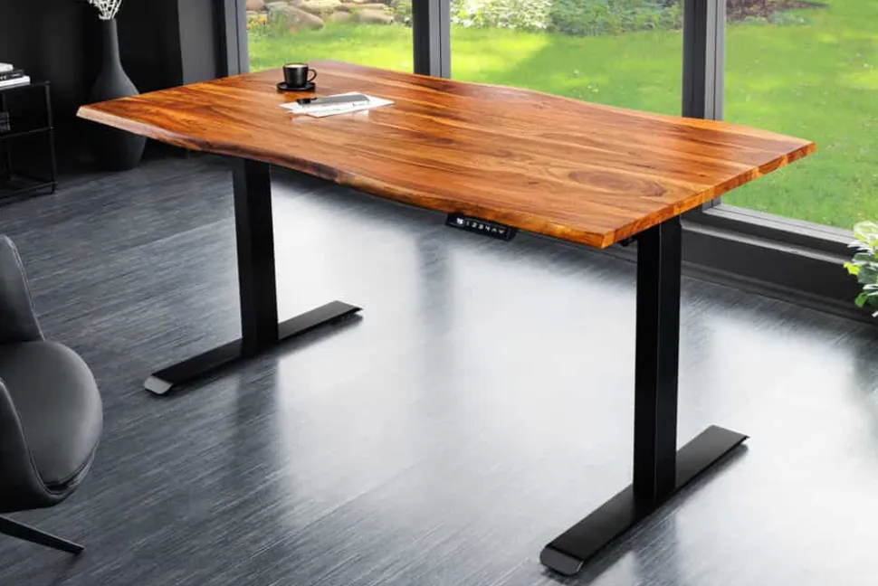 Höhenverstellbarer Schreibtisch MAMMUT 160cm natur Sheesham Massivholz Baumkante