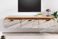 Hängendes TV-Board ORGANIC 160cm natur Akazie schwarz weiß Steinfurnier Schubladen