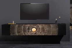 Hängendes TV-Lowboard GOLDEN SUNSET 160cm Mangoholz schwarz mit 3D Schnitzereien gold handmade