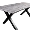 Industrial Esstisch WILD 180cm grau gekälkt Wildeiche-Design Baumkante schwarz X-Gestell