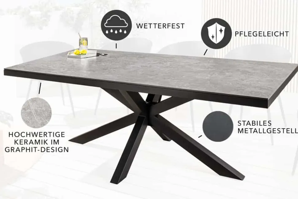 In- und Outdoor Esstisch GALAXIE 200cm hellgrau Keramik anthrazit Aluminium