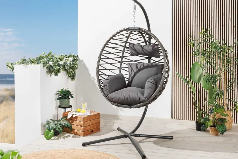 In- und Outdoor Hängesessel IBIZA anthrazit Rattan mit Gestell wetterfest inkl. Kissen