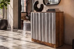 Kompaktes Sideboard ZALVERO 80cm natur silber Mangoholz mit Metall-Aluminium Front