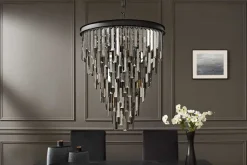 Luxus Kronleuchter KRISTALL 50cm grau mit Glasprismen schwarz Eisen Hängelampe