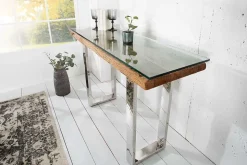 Massive Konsole BARRACUDA 120cm Teak mit Stahl Kufenfüßen inkl. Glasplatte