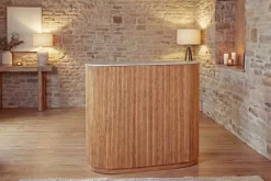 Massiver Bartisch TRES CHIC 120cm braun Mangoholz weiß Marmor mit Flaschenregal