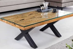 Massiver Couchtisch BARRACUDA 110cm antik natur Teakholz X-Gestell Glasplatte