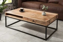 Massiver Couchtisch IRON CRAFT 100cm Mangoholz mit Schublade schwarzes Metallgestell