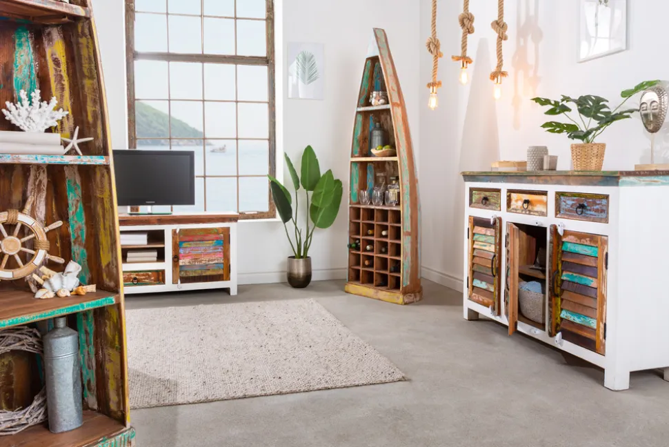 Massiver Couchtisch JAKARTA 70cm weiß bunt Holz Truhe aus recycelten Fischerbooten mit Schubladen